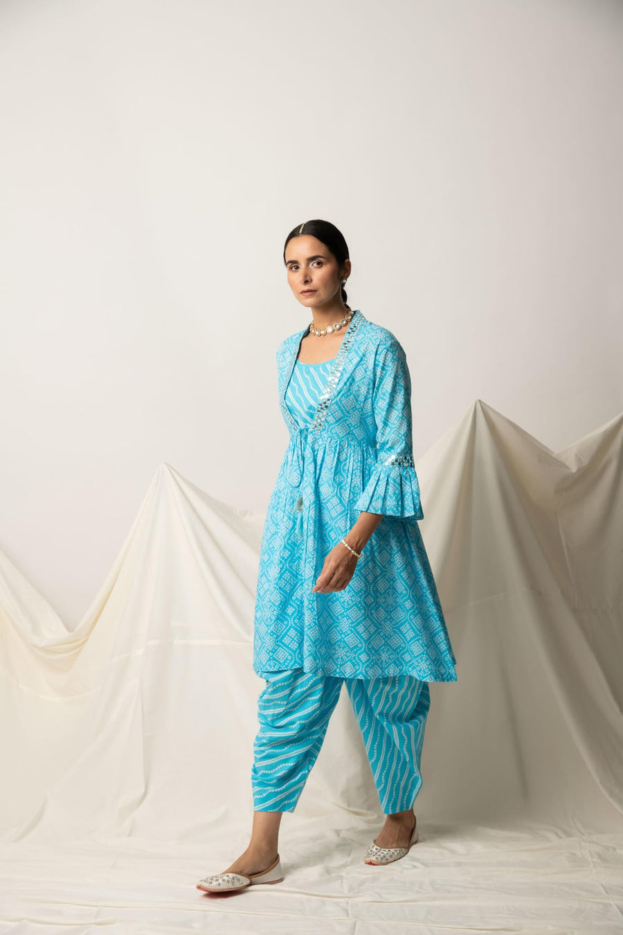 Blue Bandhani Print Shrug with Inner and Dhoti