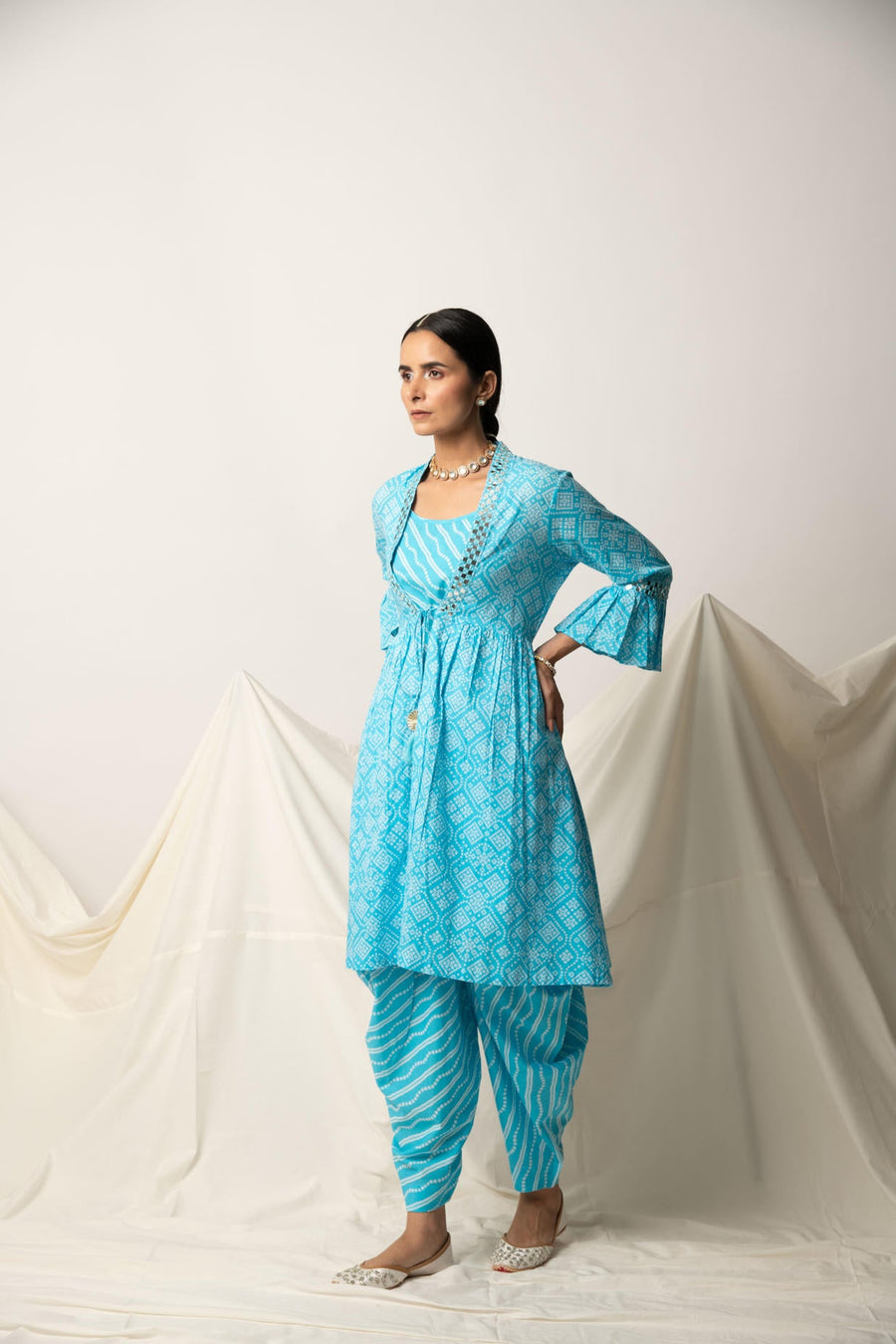 Blue Bandhani Print Shrug with Inner and Dhoti
