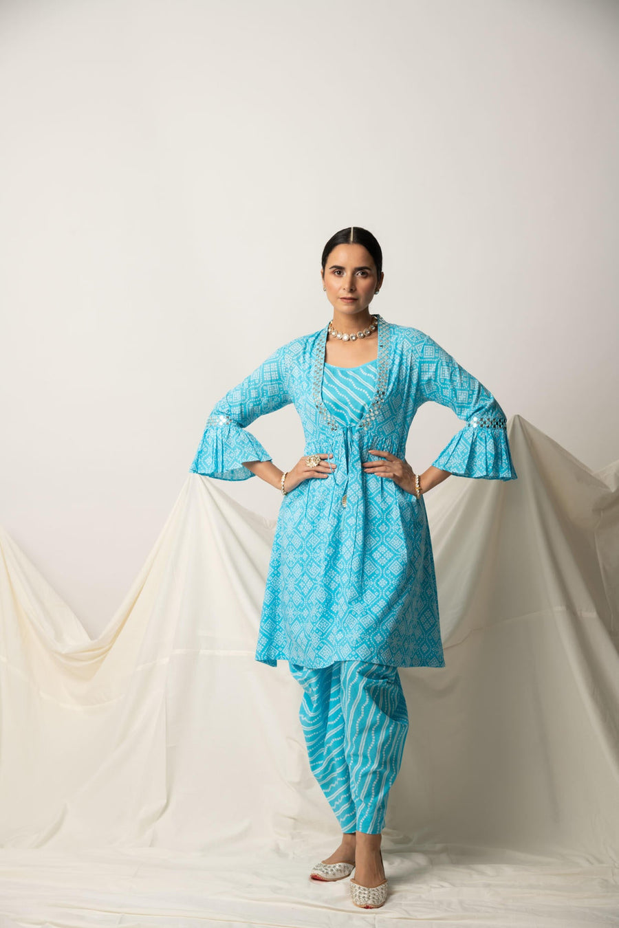 Blue Bandhani Print Shrug with Inner and Dhoti