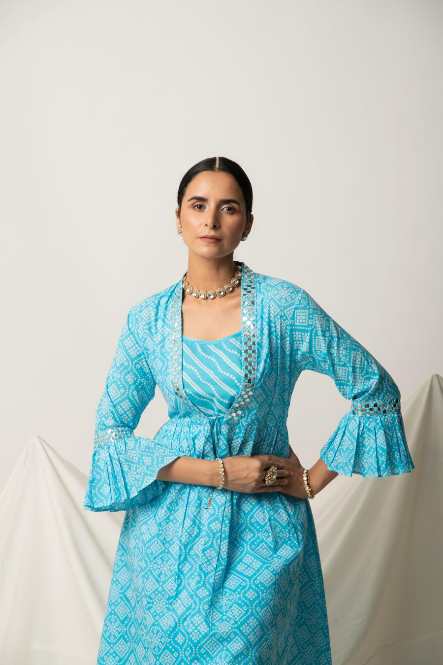 Blue Bandhani Print Shrug with Inner and Dhoti