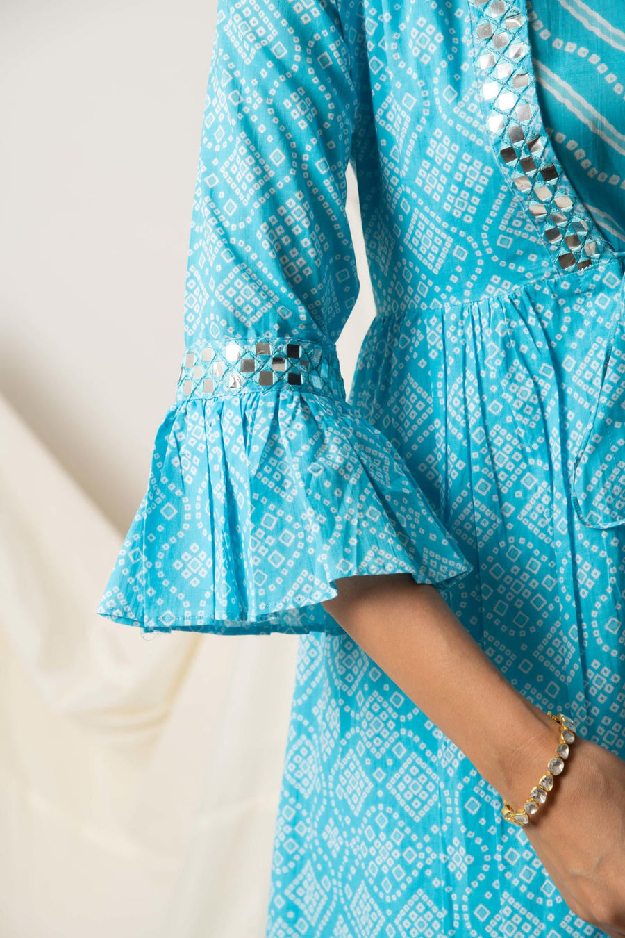 Blue Bandhani Print Shrug with Inner and Dhoti