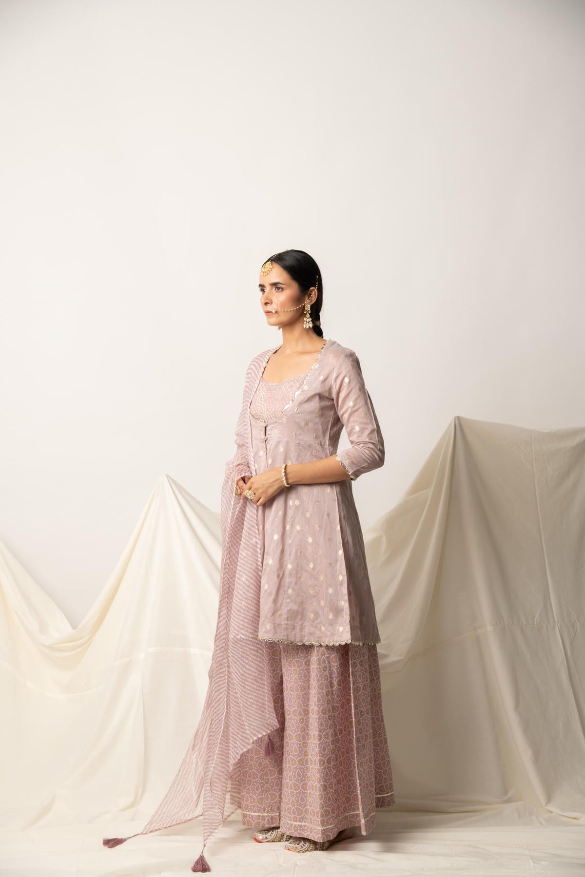 Mauve Silk Chanderi Kurta with Bandhani Print Plazzo and Doriya Dupatta