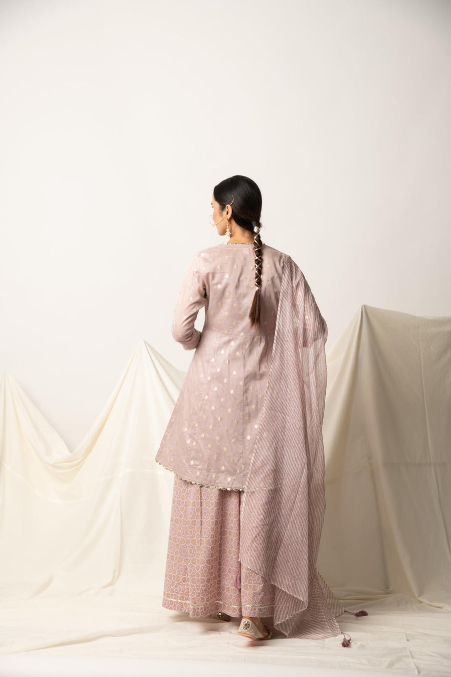 Mauve Silk Chanderi Kurta with Bandhani Print Plazzo and Doriya Dupatta