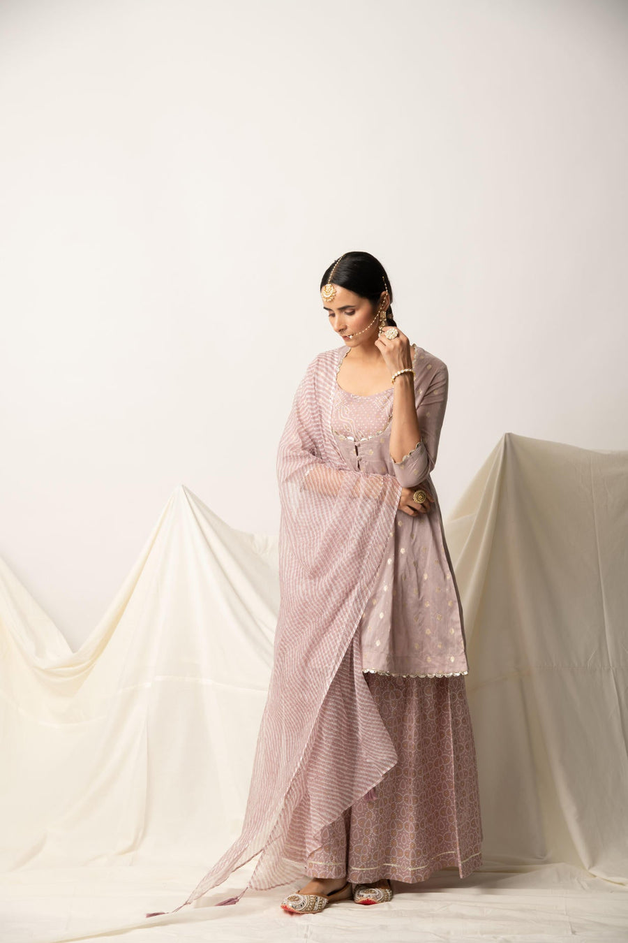 Mauve Silk Chanderi Kurta with Bandhani Print Plazzo and Doriya Dupatta