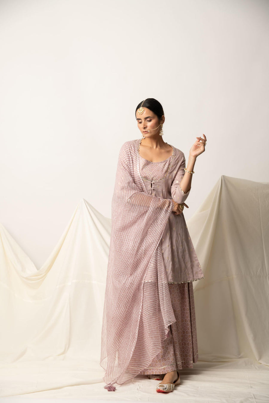 Mauve Silk Chanderi Kurta with Bandhani Print Plazzo and Doriya Dupatta
