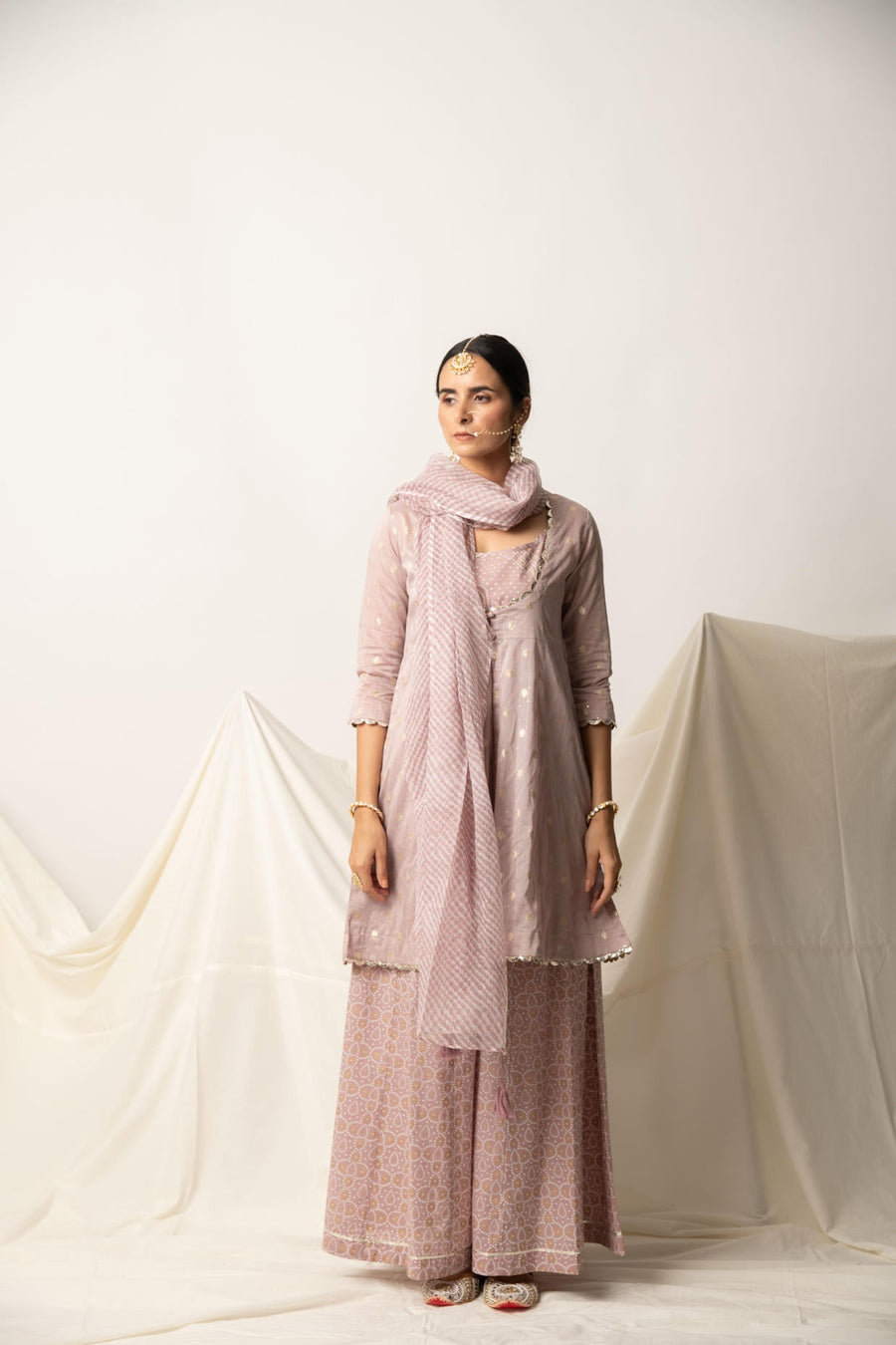 Mauve Silk Chanderi Kurta with Bandhani Print Plazzo and Doriya Dupatta