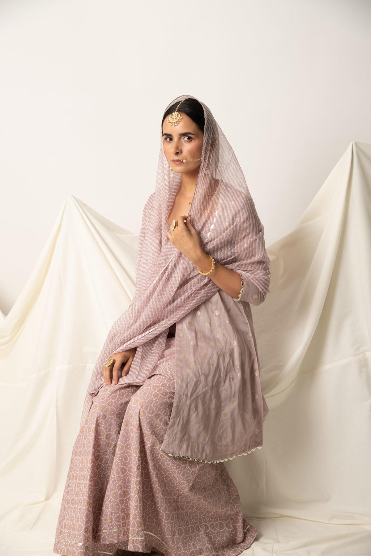 Mauve Silk Chanderi Kurta with Bandhani Print Plazzo and Doriya Dupatta