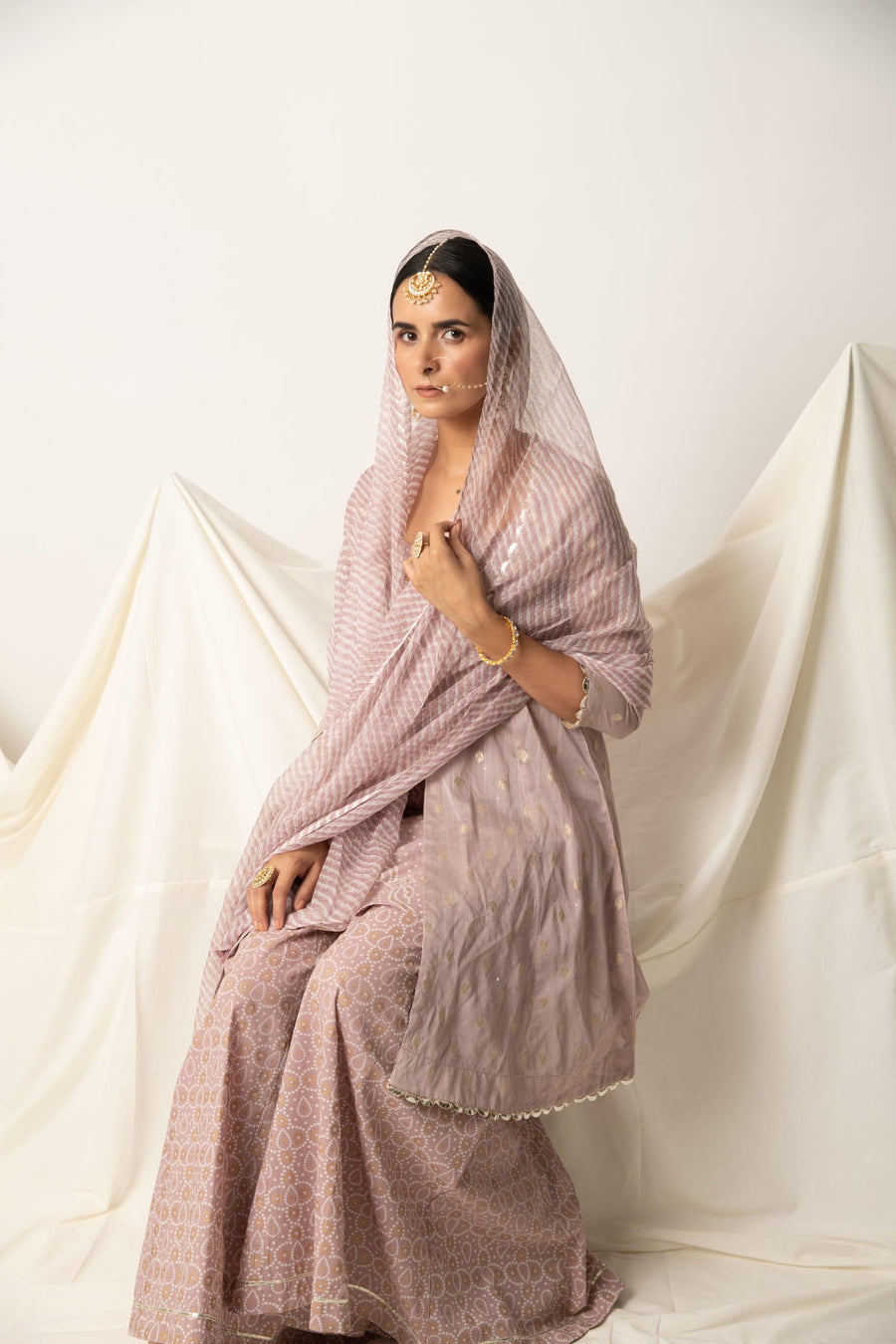 Mauve Silk Chanderi Kurta with Bandhani Print Plazzo and Doriya Dupatta