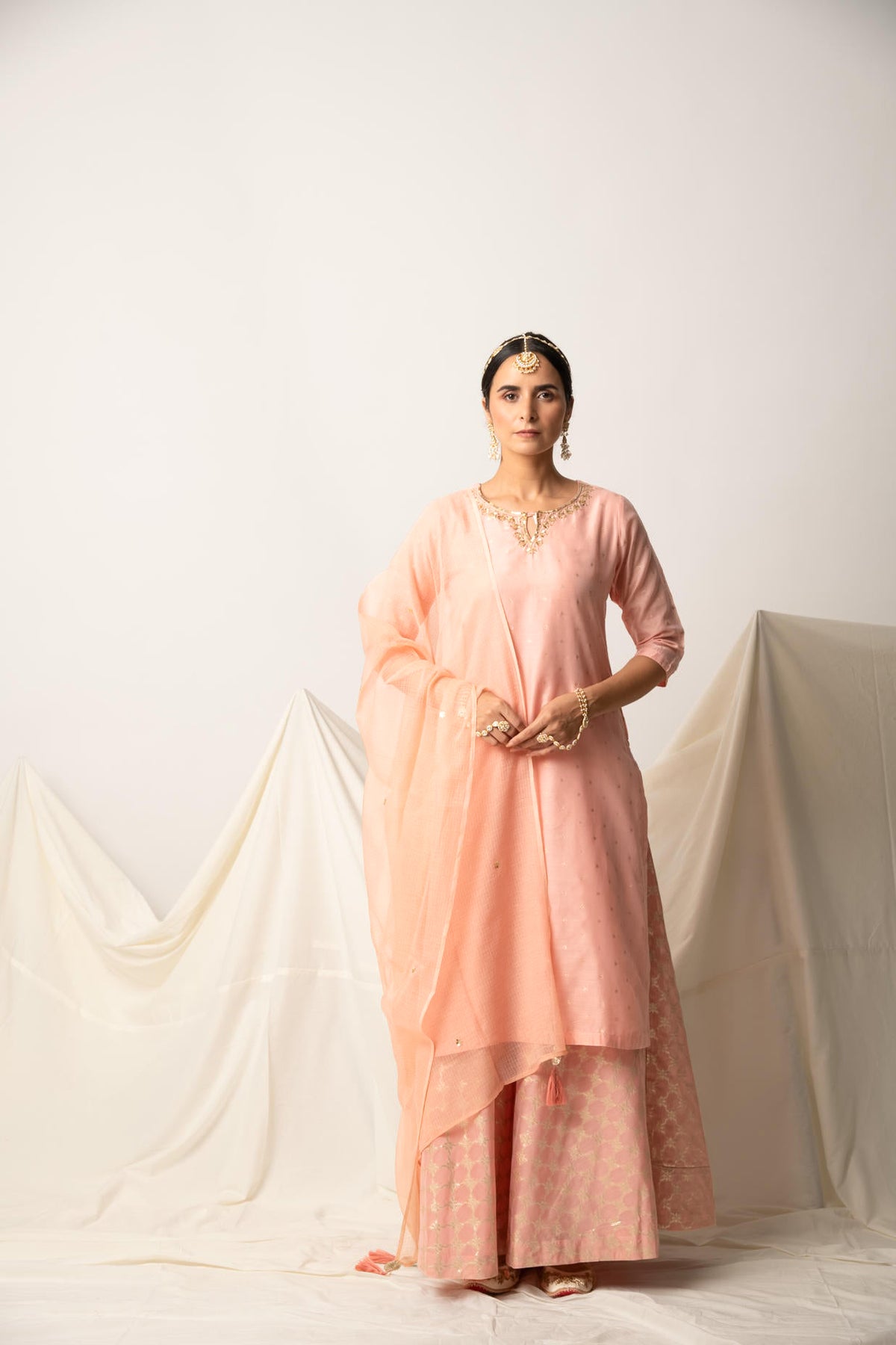 Peach Silk Chanderi Kurta Skirt with Doriya Dupatta