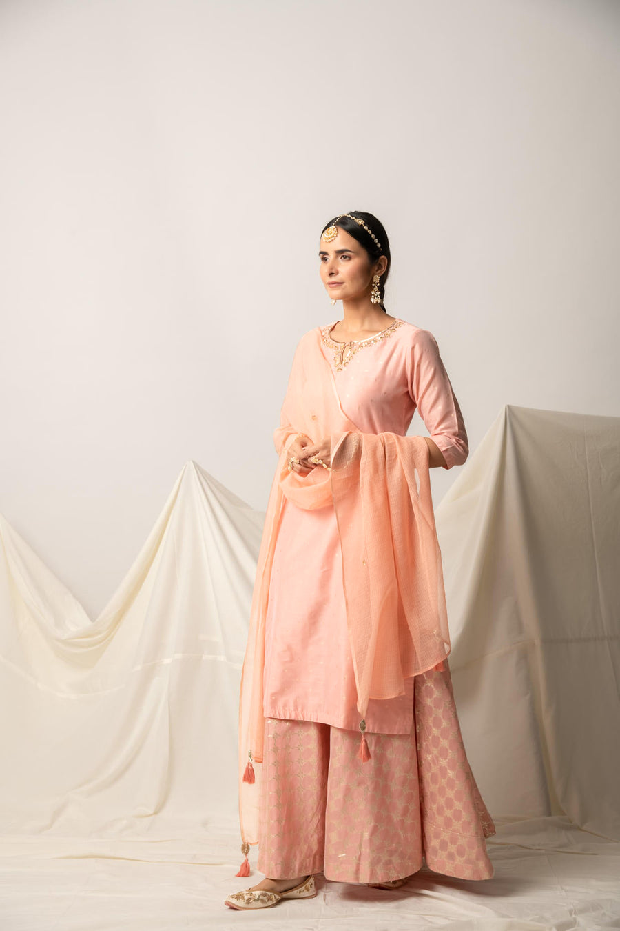 Peach Silk Chanderi Kurta Skirt with Doriya Dupatta