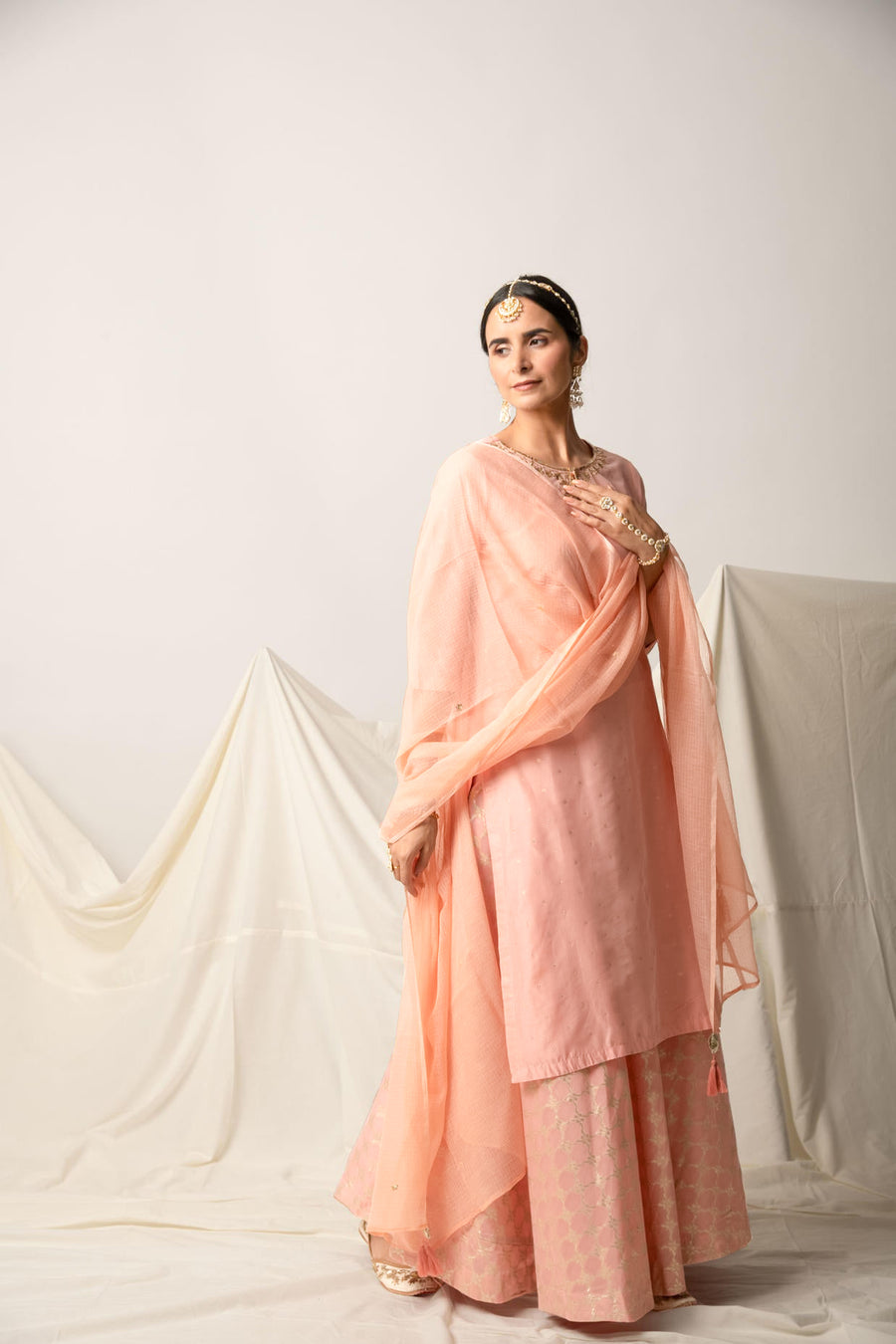 Peach Silk Chanderi Kurta Skirt with Doriya Dupatta