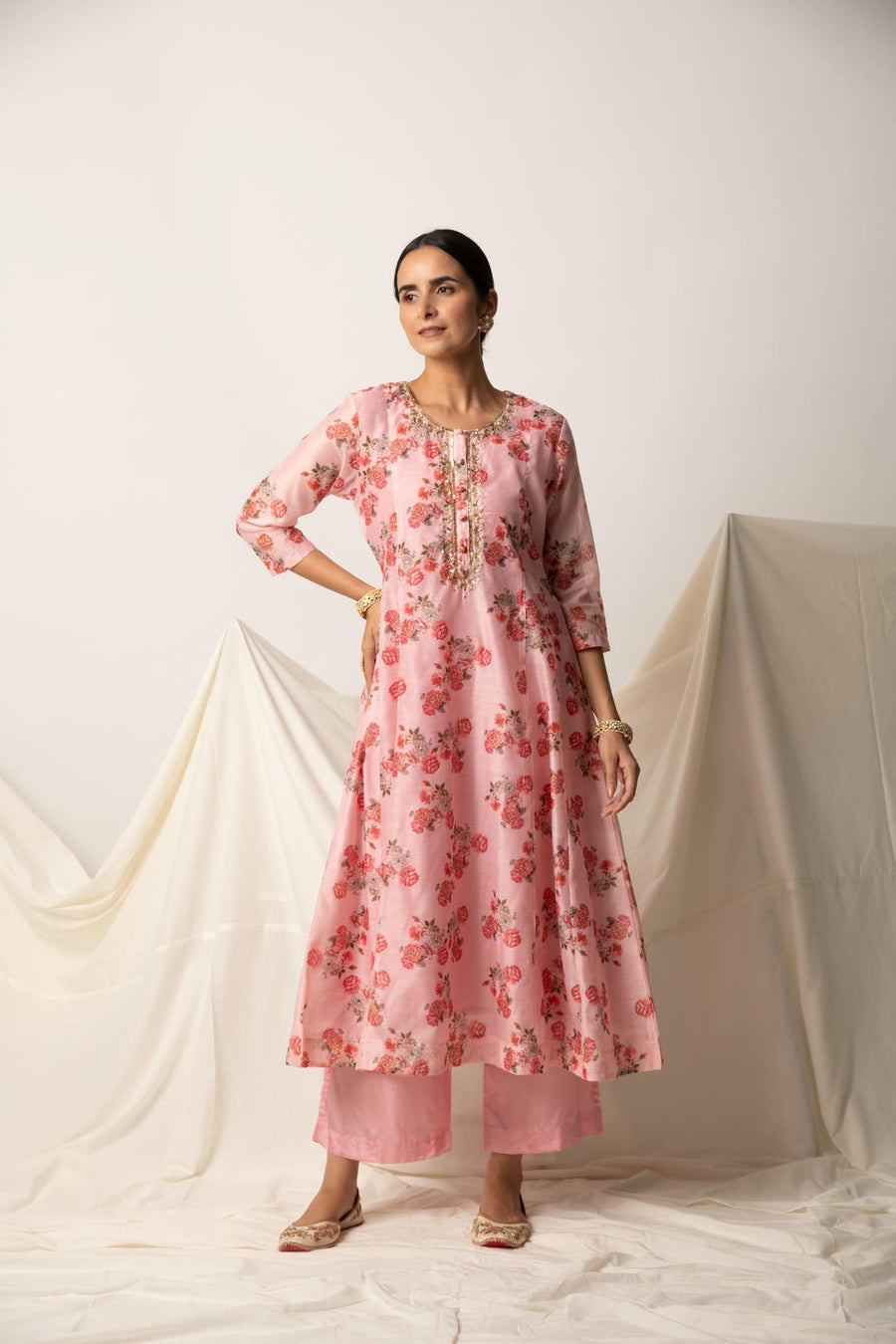 Pink Floral Print A-Line Kurta
