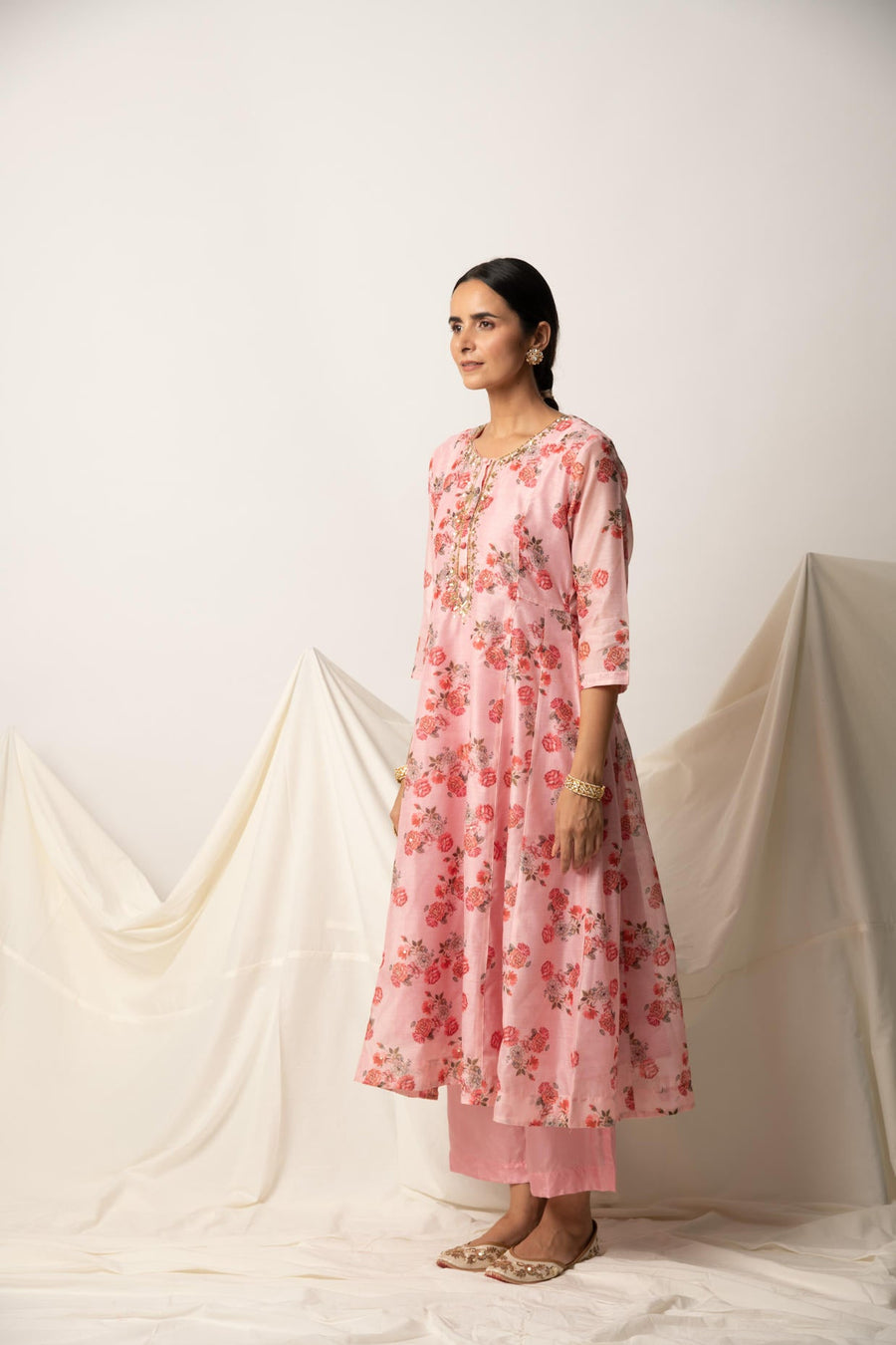 Pink Floral Print A-Line Kurta