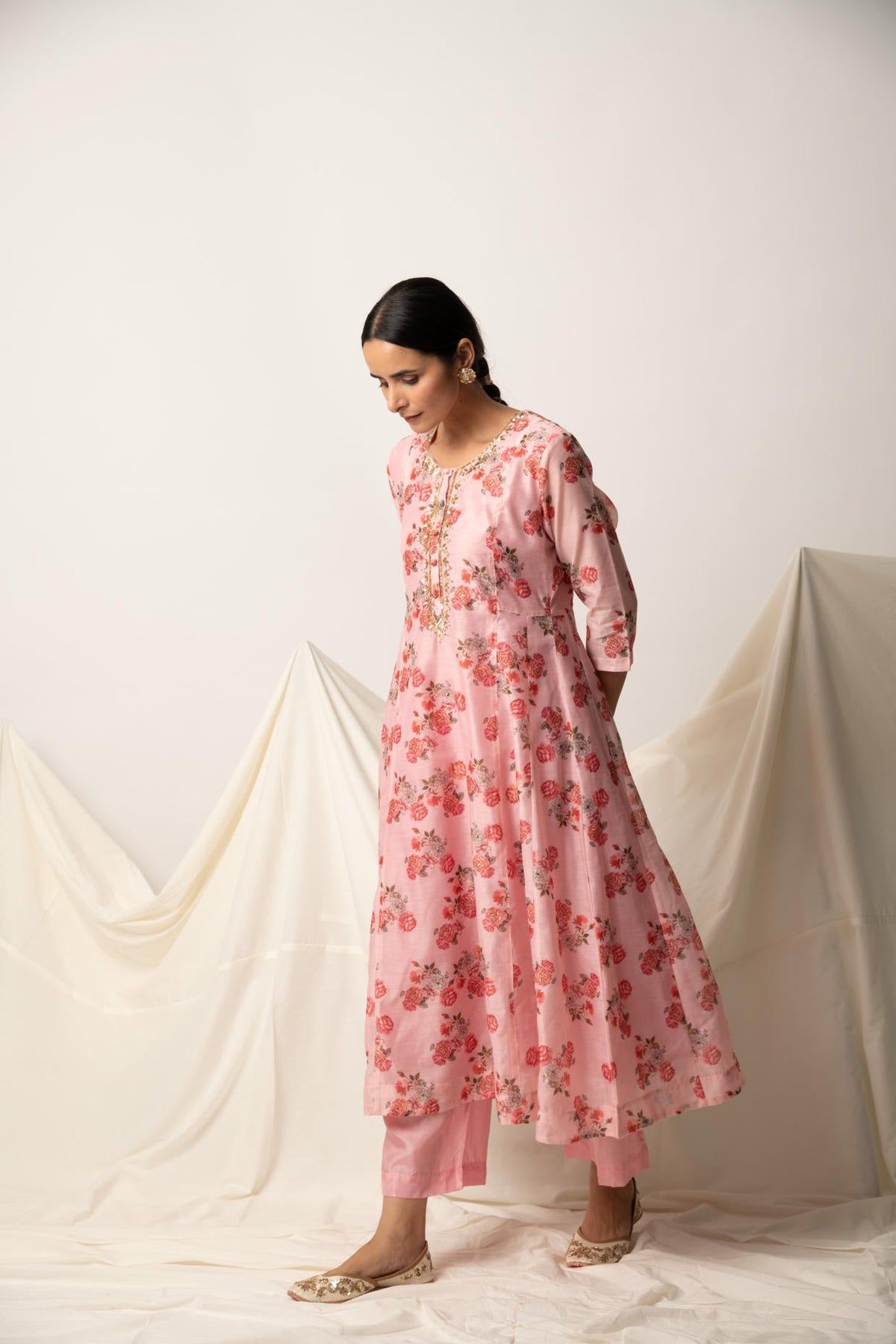 Pink Floral Print A-Line Kurta