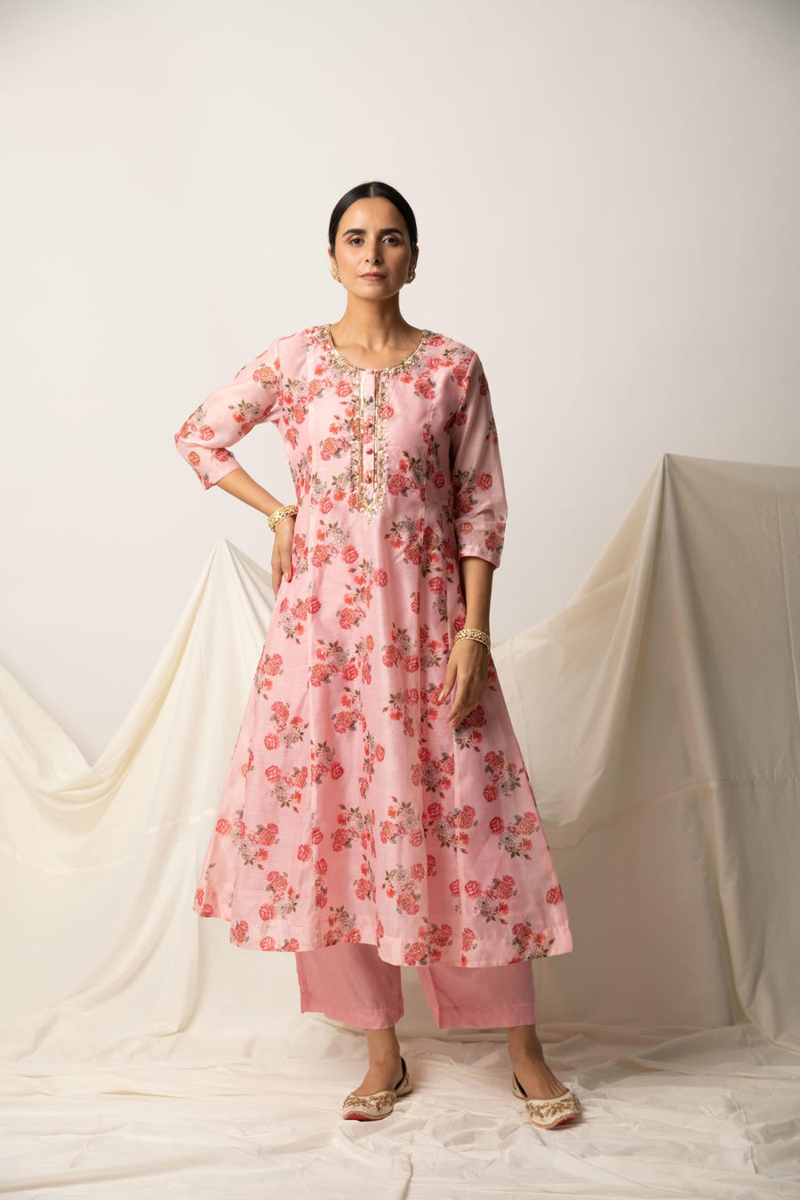 Pink Floral Print A-Line Kurta
