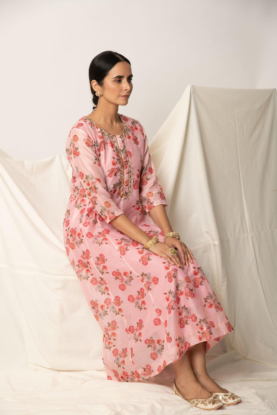 Pink Floral Print A-Line Kurta