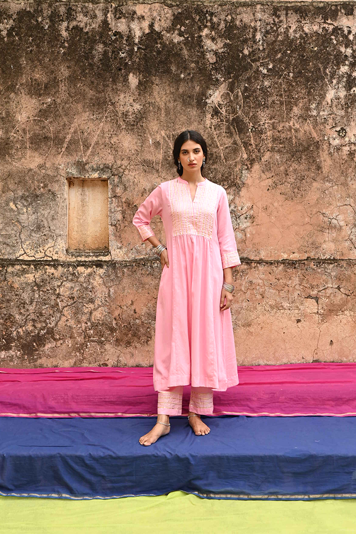 Pink Gota Work Cotton Kurta Pant Set
