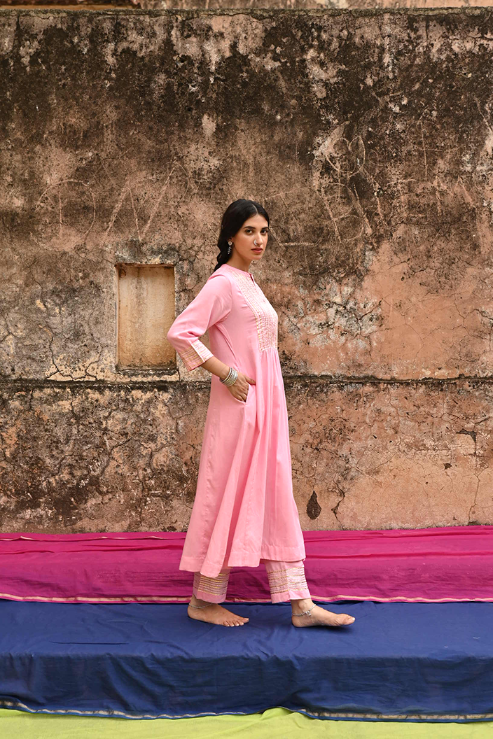 Pink Gota Work Cotton Kurta Pant Set