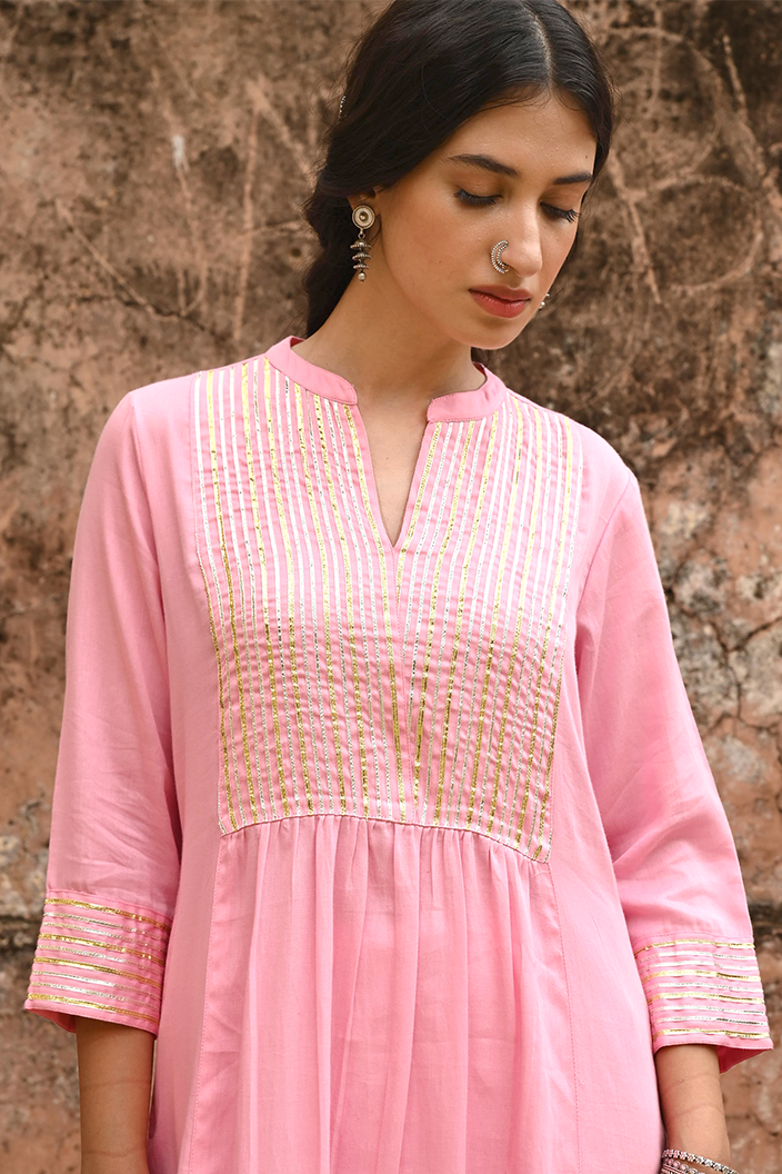 Pink Gota Work Cotton Kurta Pant Set