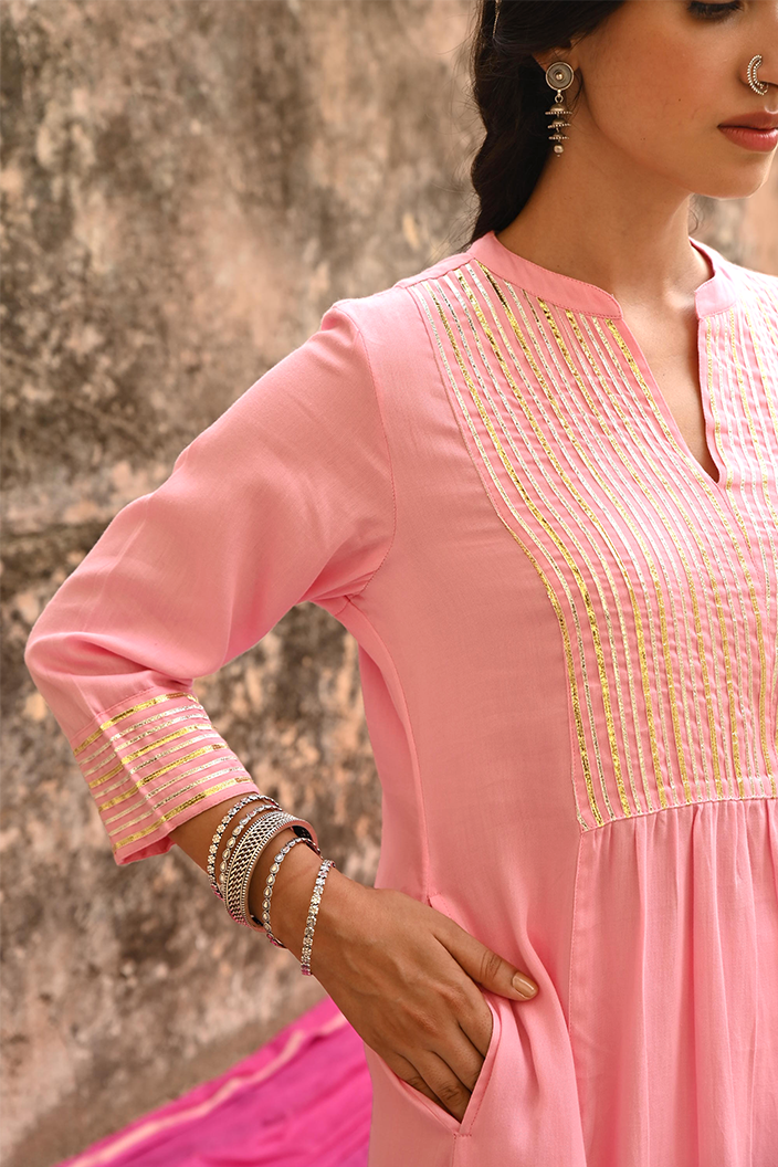 Pink Gota Work Cotton Kurta Pant Set