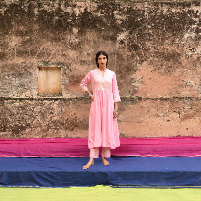 Pink Gota Work Cotton Kurta Pant Set