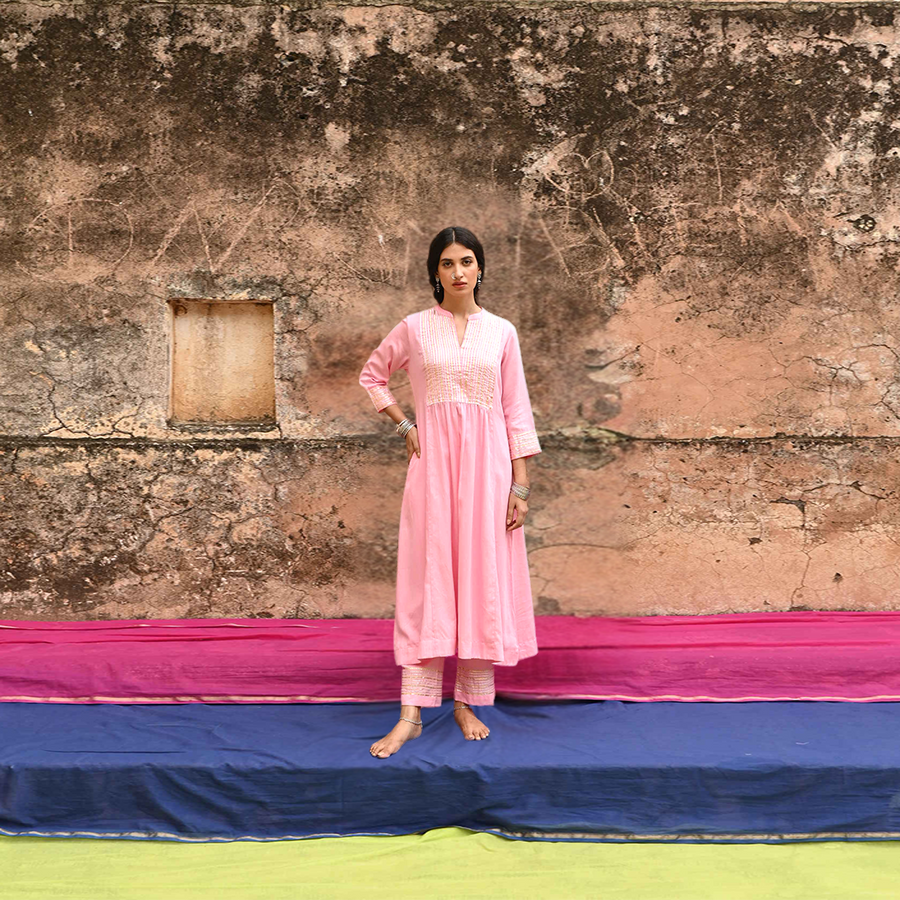 Pink Gota Work Cotton Kurta Pant Set