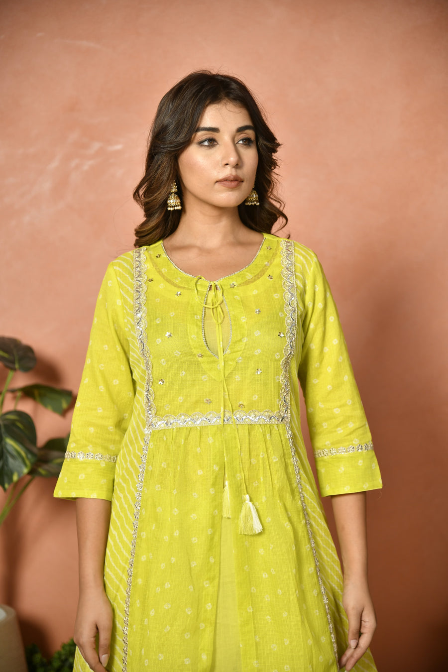 Parrot green festive embroidered Kota Doria suit set - side view - EKOHUM
