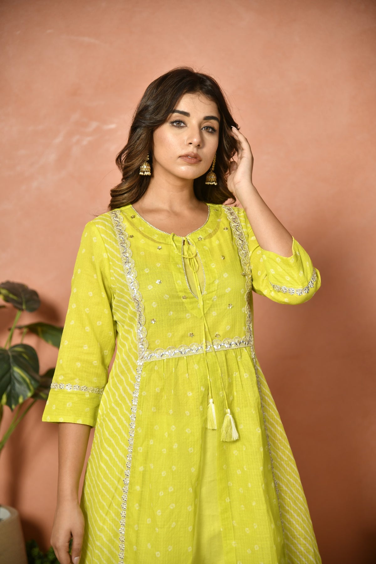 Parrot green festive embroidered Kota Doria suit set - styled look - EKOHUM