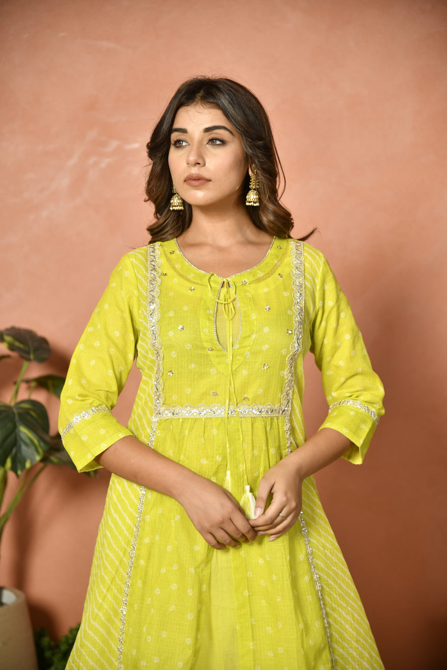 Parrot green festive embroidered Kota Doria suit set - back view - EKOHUM