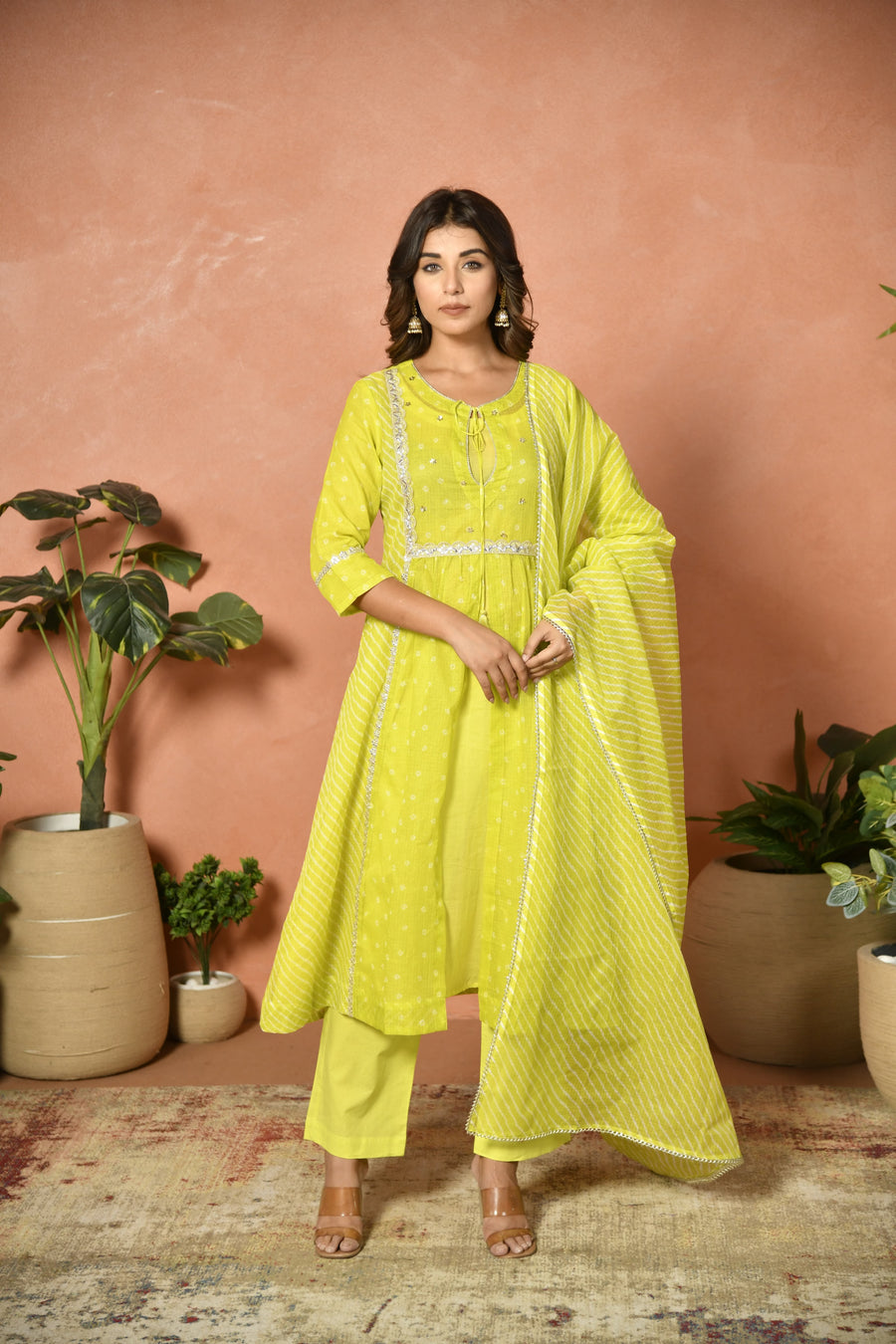 Parrot green festive embroidered Kota Doria suit set - festive styling - EKOHUM