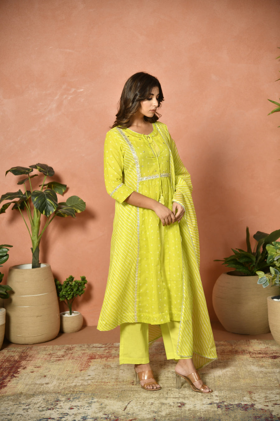 Parrot green festive embroidered Kota Doria suit set - full outfit - EKOHUM