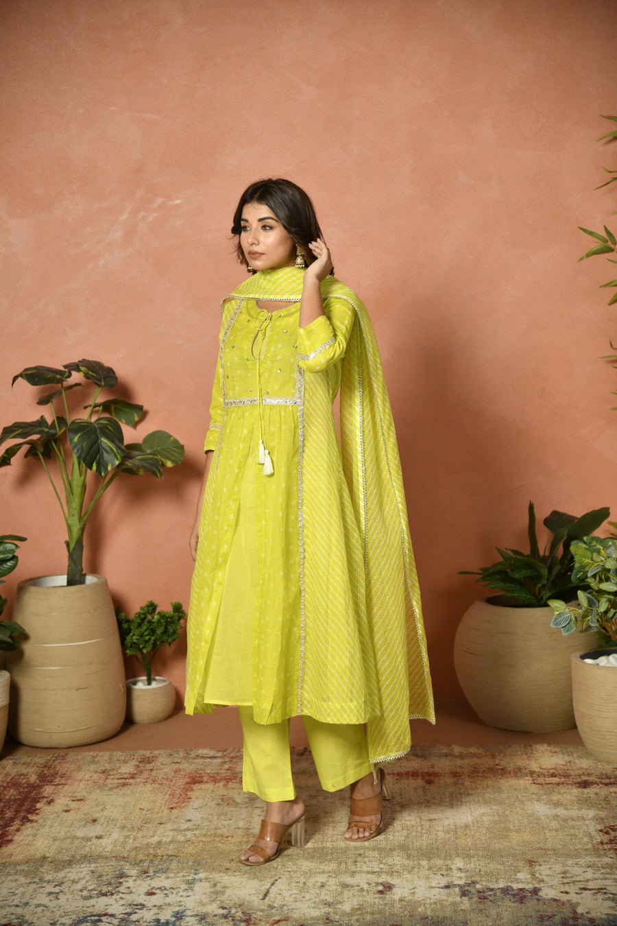 Parrot green festive embroidered Kota Doria suit set - close-up detail - EKOHUM