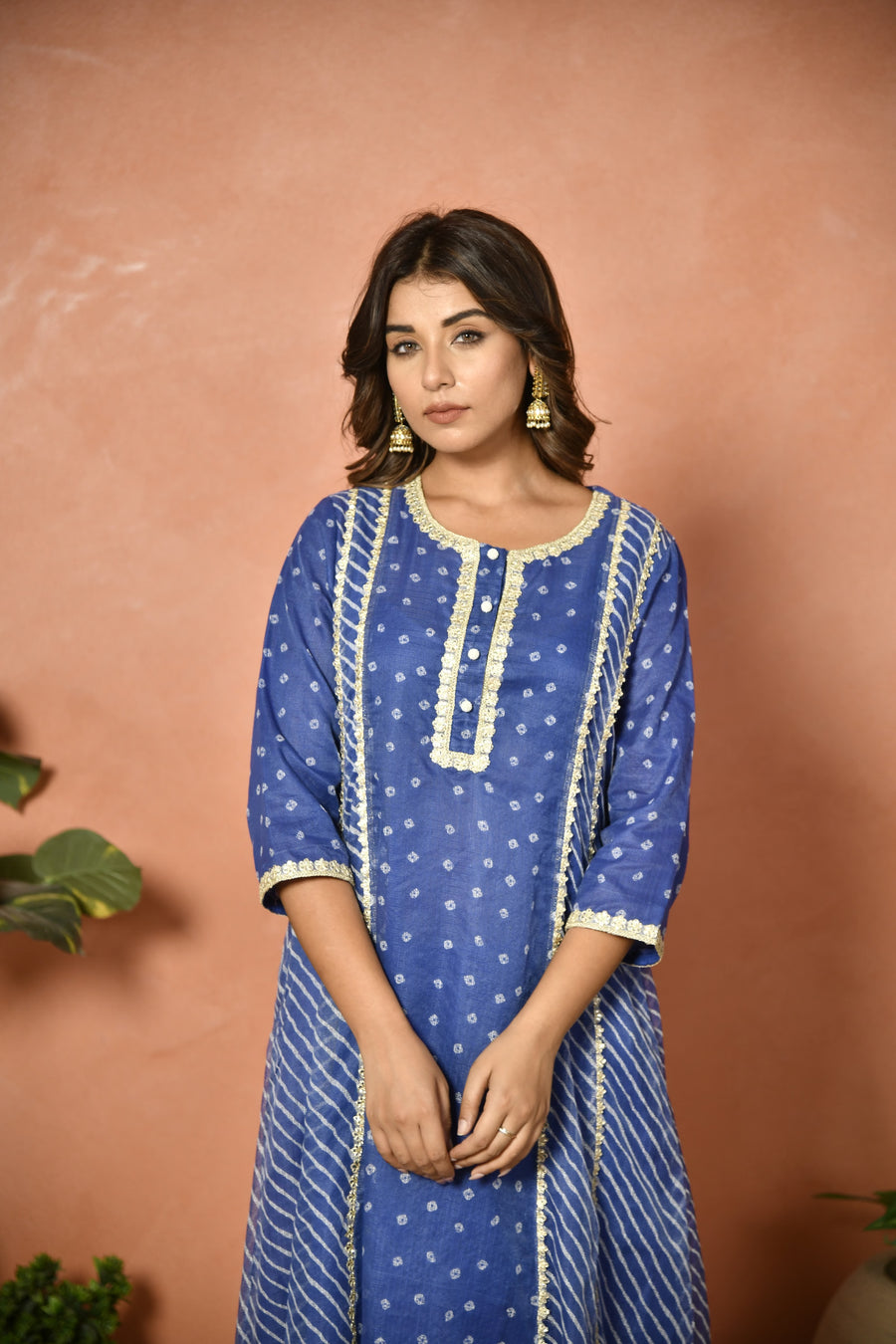 Royal blue festive embroidered Kota Doria suit set - fabric detail - EKOHUM