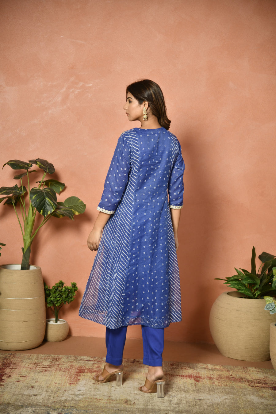 Royal blue festive embroidered Kota Doria suit set - close-up detail - EKOHUM