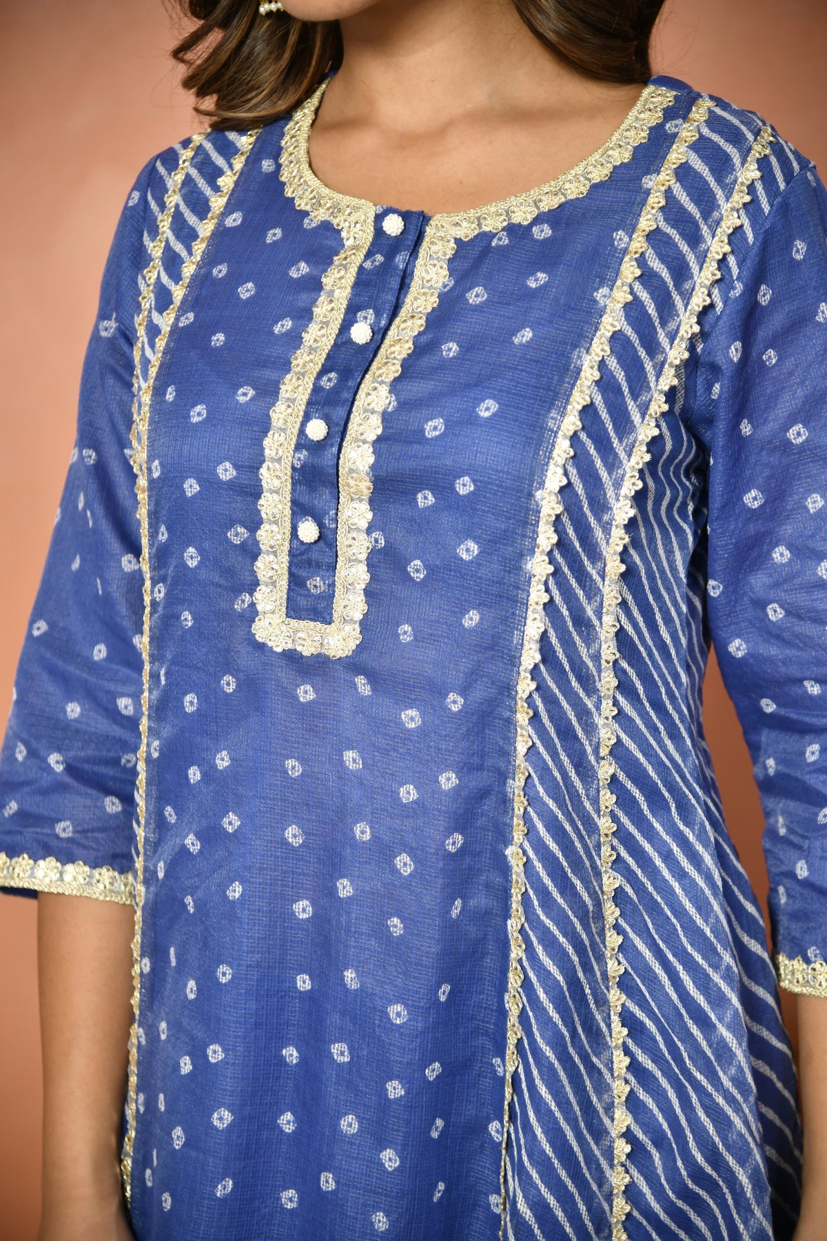 Royal blue festive embroidered Kota Doria suit set - side view - EKOHUM