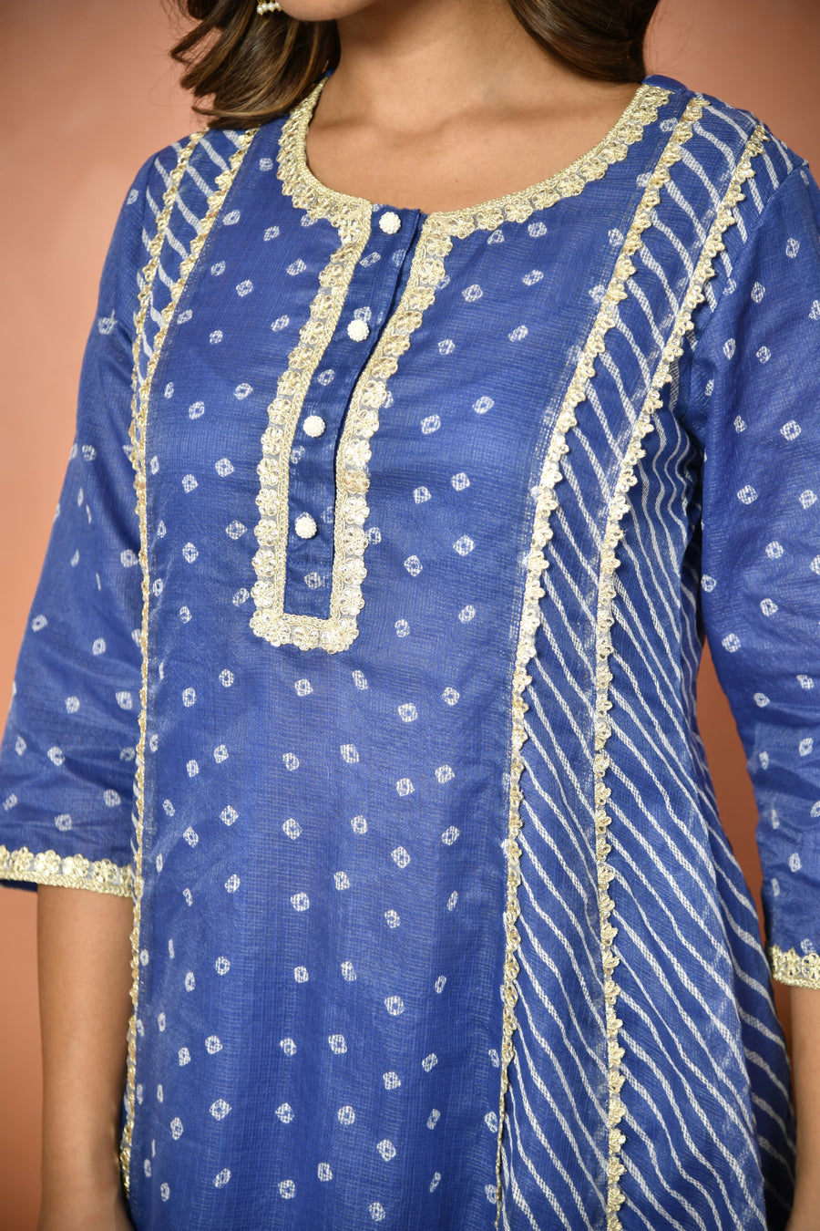 Royal blue festive embroidered Kota Doria suit set - side view - EKOHUM