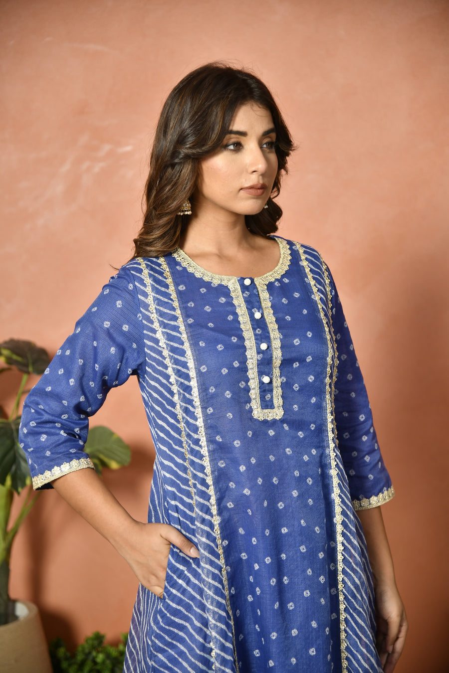 Royal blue festive embroidered Kota Doria suit set - styled look - EKOHUM