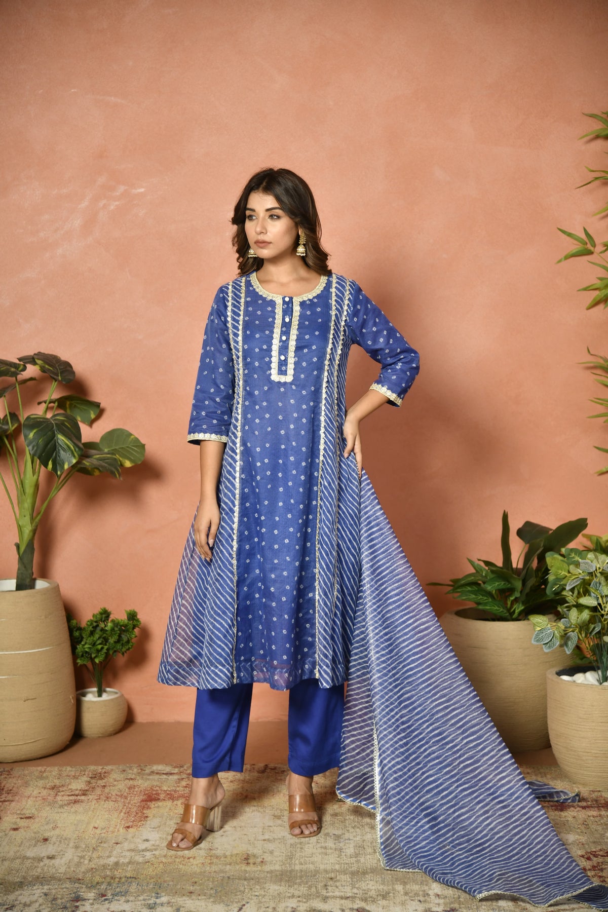 Royal blue festive embroidered Kota Doria suit set - back view - EKOHUM