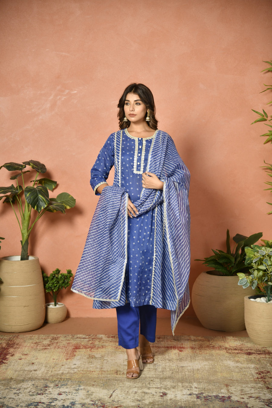 Royal blue festive embroidered Kota Doria suit set - detail shot - EKOHUM