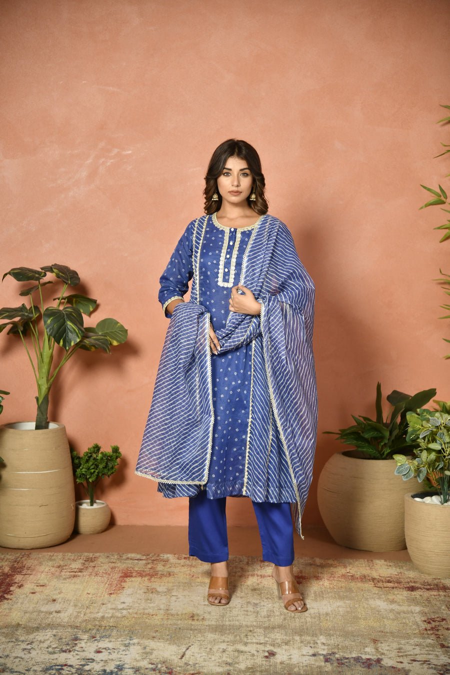Royal blue festive embroidered Kota Doria suit set - front view - EKOHUM