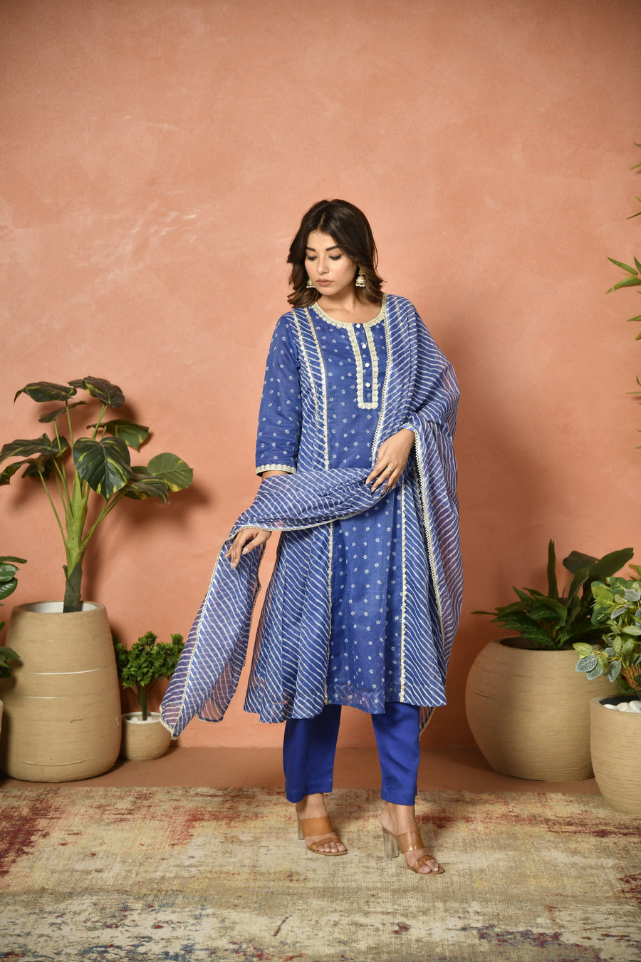 Royal blue festive embroidered Kota Doria suit set - full outfit - EKOHUM