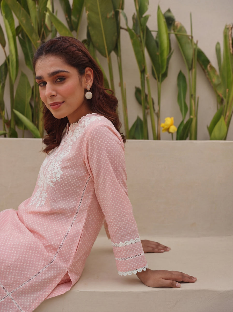 Peach Cotton Embroidered Kurta with Farshi White Salwar Set