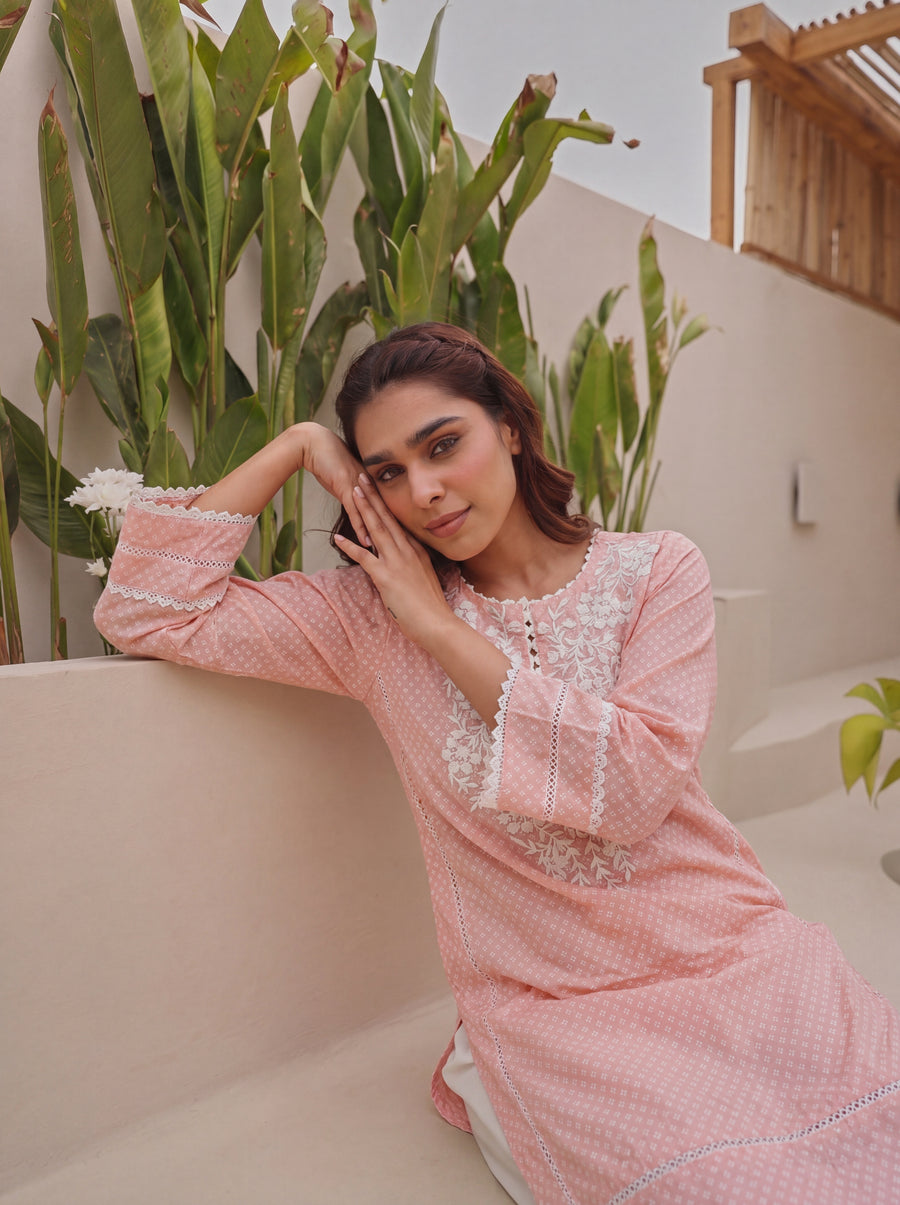 Peach Cotton Embroidered Kurta with Farshi White Salwar Set