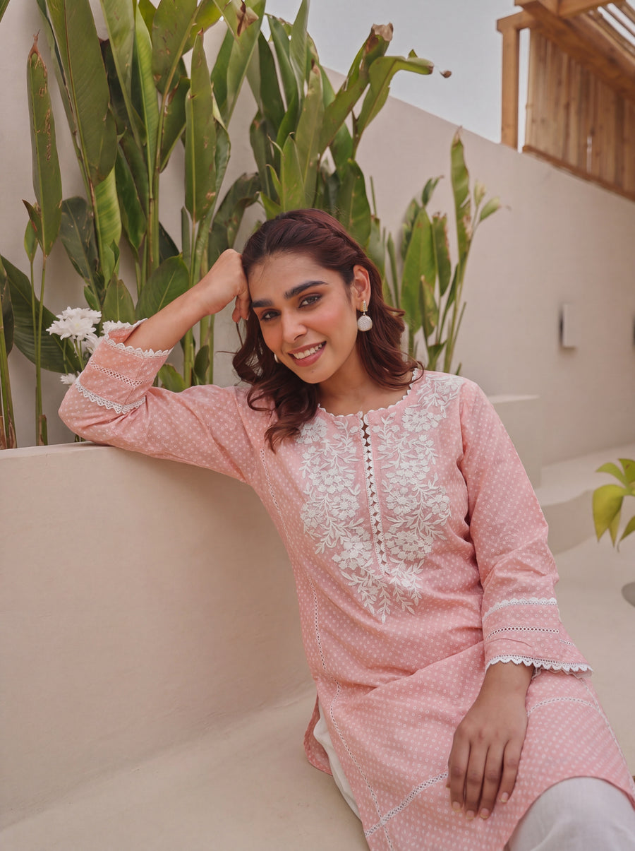 Peach Cotton Embroidered Kurta with Farshi White Salwar Set