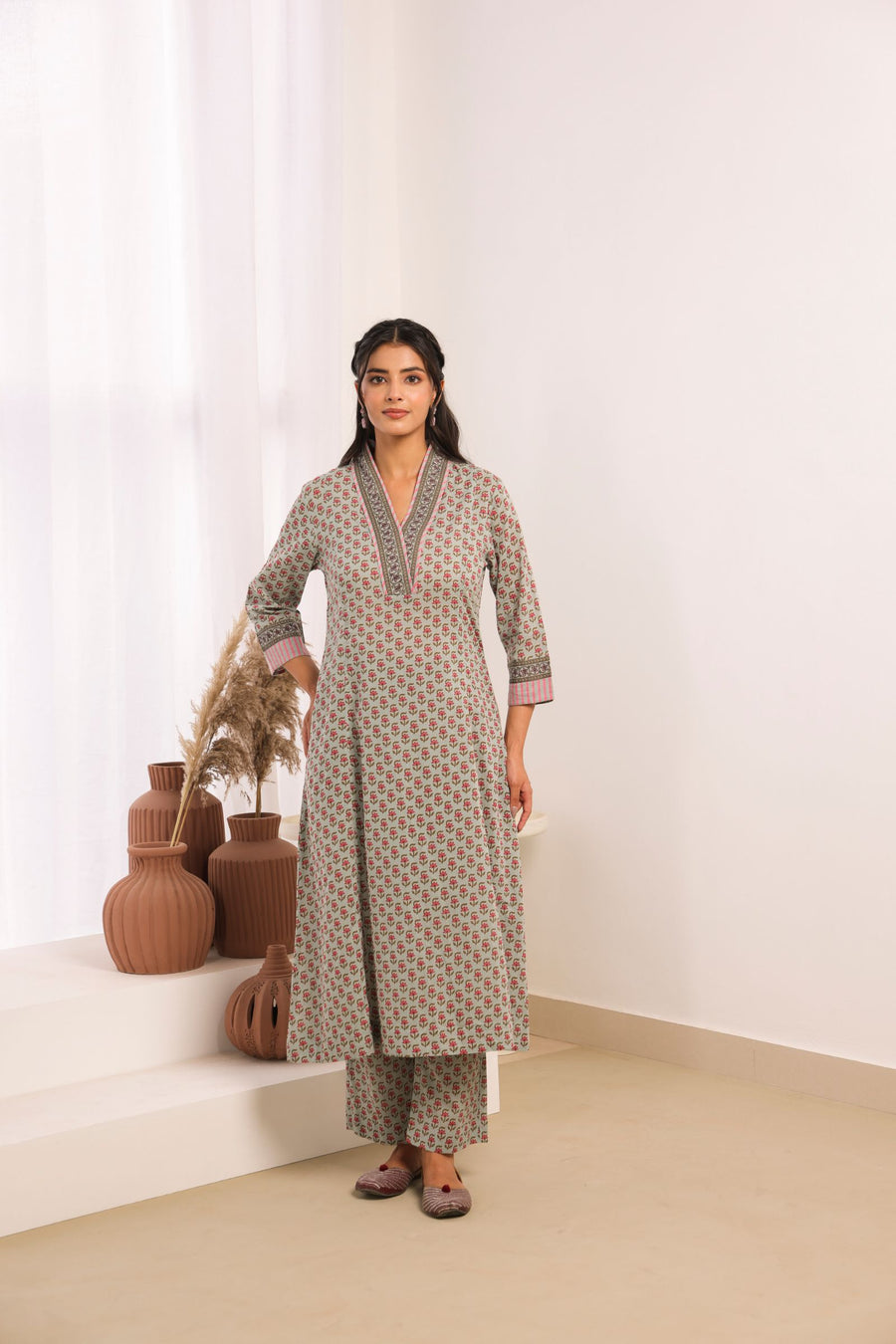 Sage Green Cotton Comfort Fit A-Line Kurta with Printed Cotton Pants