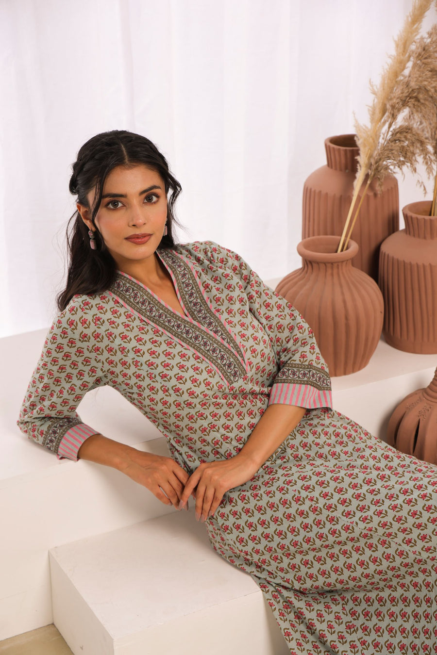 Sage Green Cotton Comfort Fit A-Line Kurta with Printed Cotton Pants