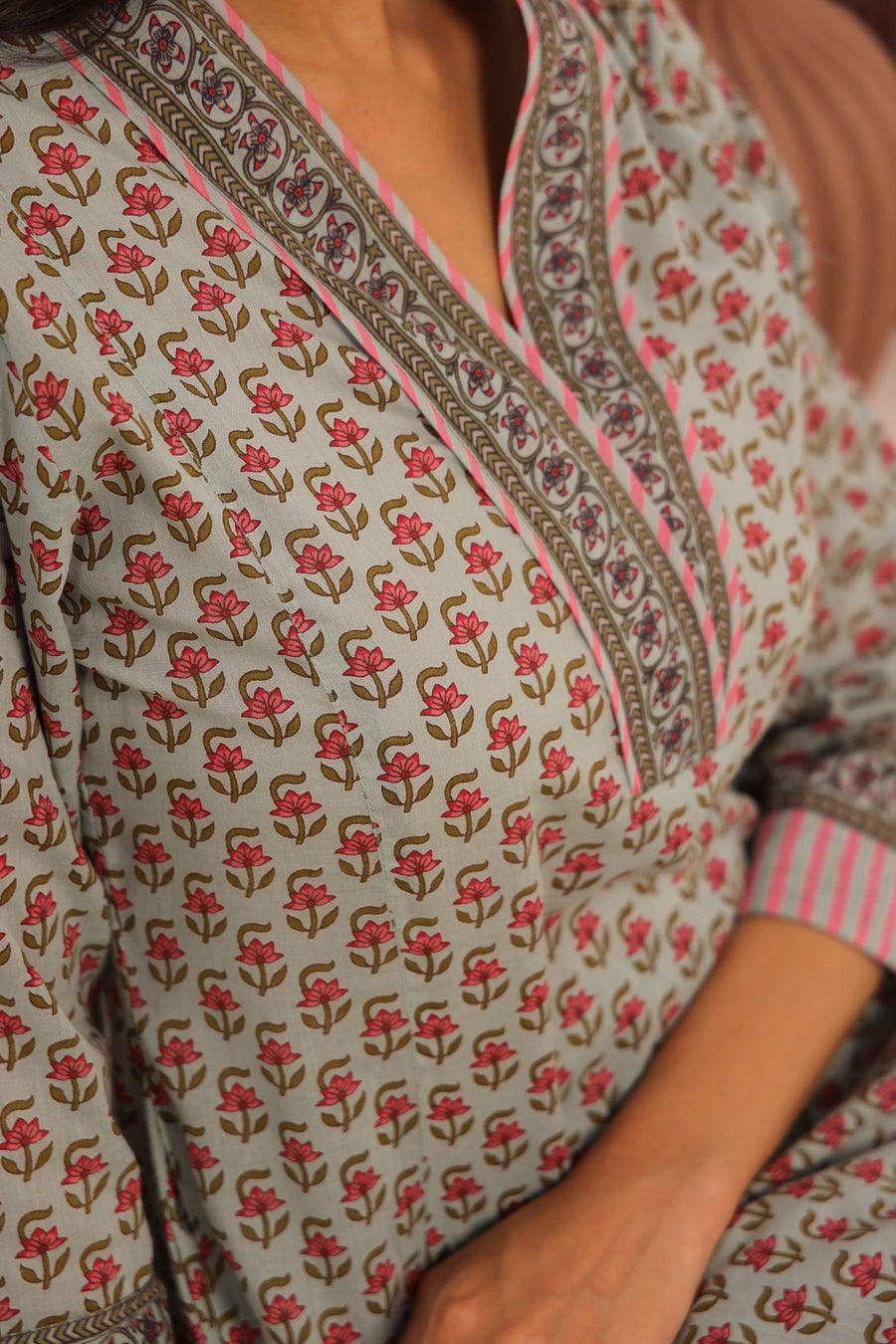 Sage Green Cotton Comfort Fit A-Line Kurta with Printed Cotton Pants
