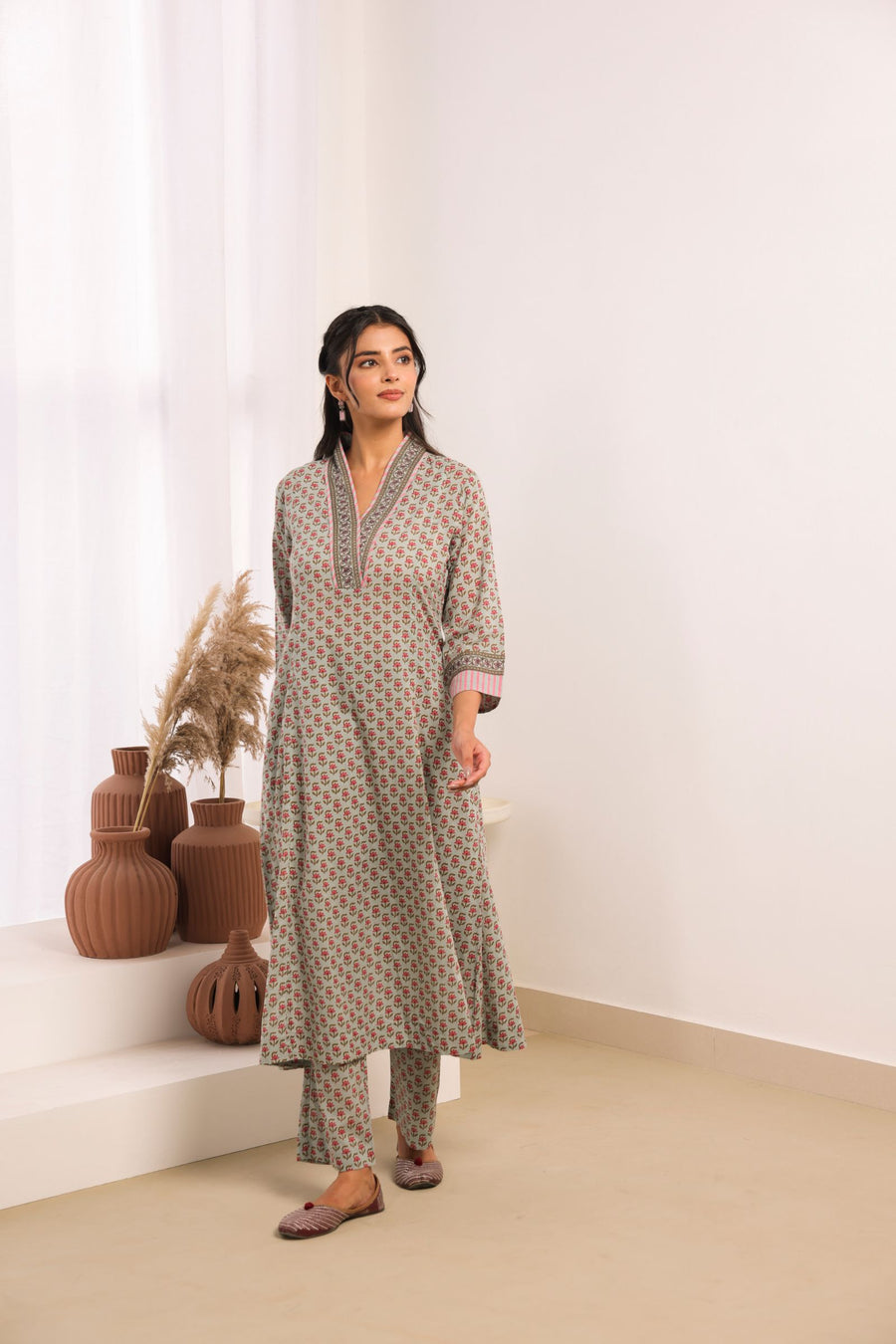 Sage Green Cotton Comfort Fit A-Line Kurta with Printed Cotton Pants