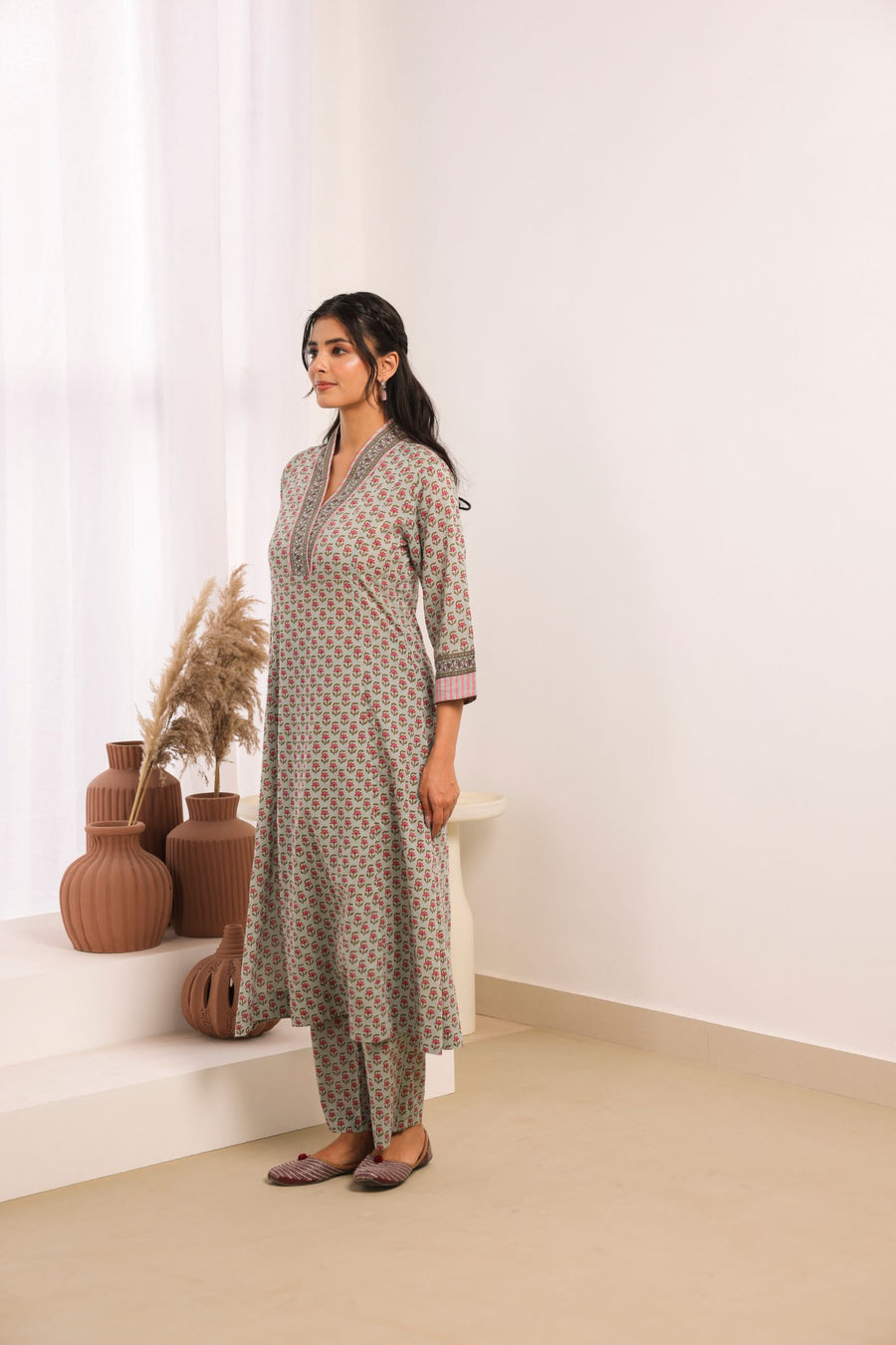 Sage Green Cotton Comfort Fit A-Line Kurta with Printed Cotton Pants
