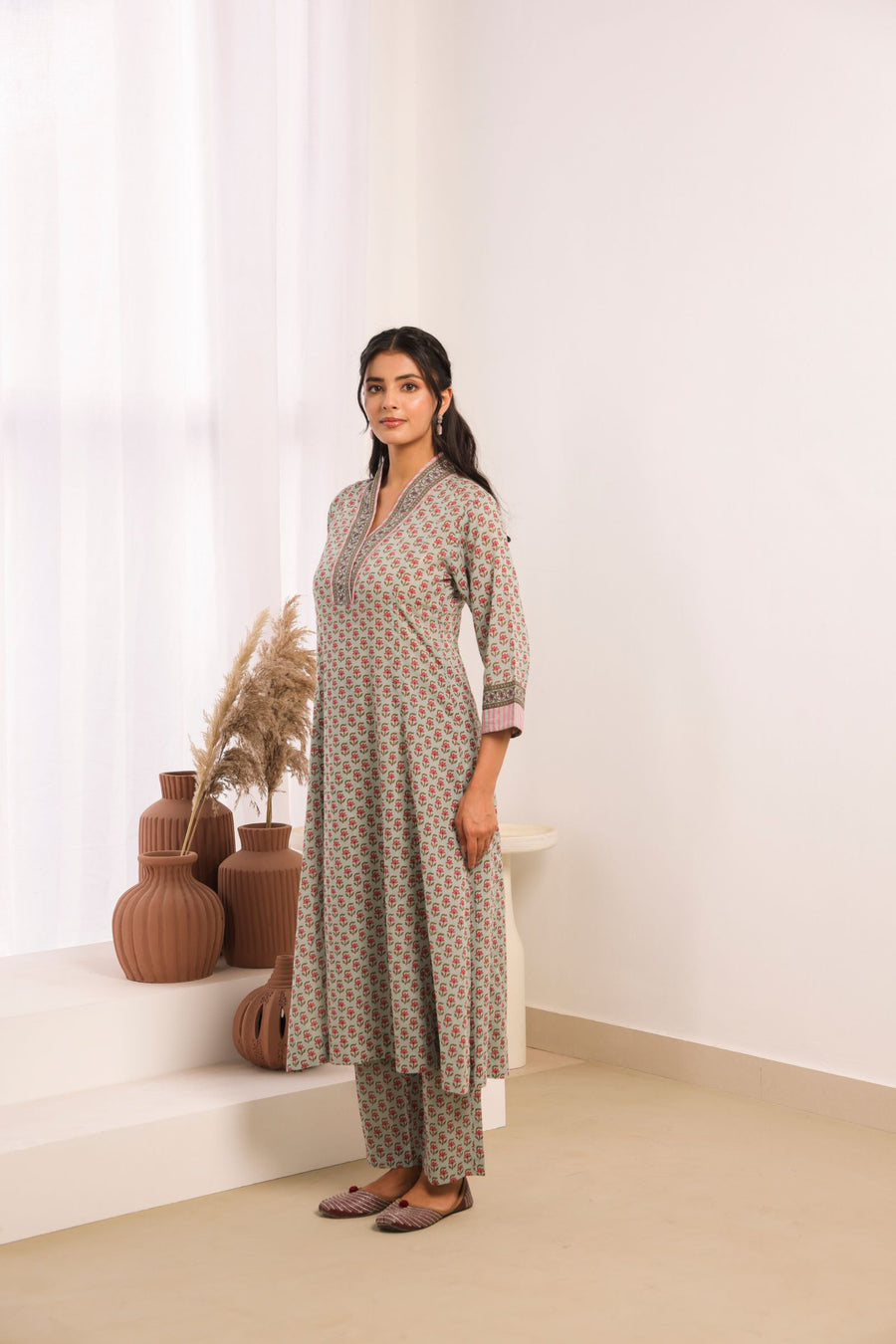 Sage Green Cotton Comfort Fit A-Line Kurta with Printed Cotton Pants